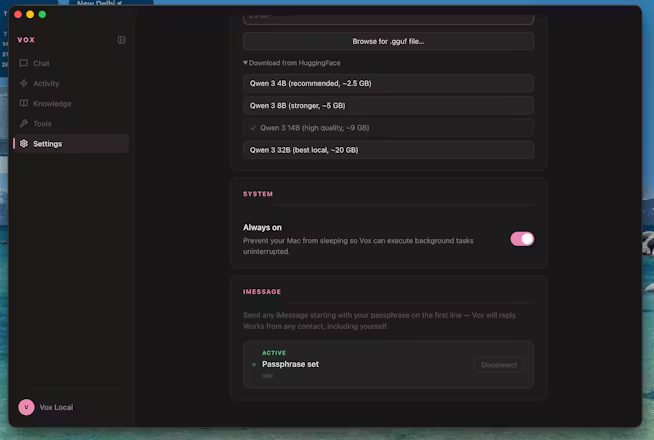Settings page with model selection